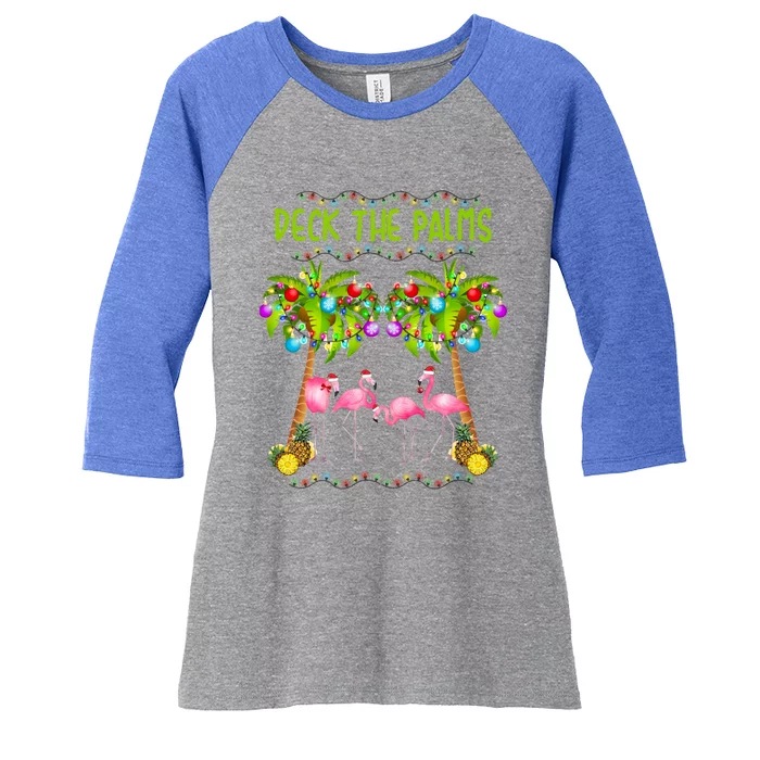 Deck The Palms Merry Flamingo Christmas Gift Sweater Women's Tri-Blend 3/4-Sleeve Raglan Shirt