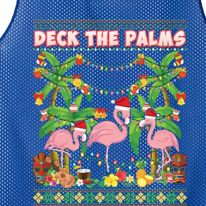 Deck The Palms Merry Flamingo Christmas Ugly Sweater Palm Gift Mesh Reversible Basketball Jersey Tank