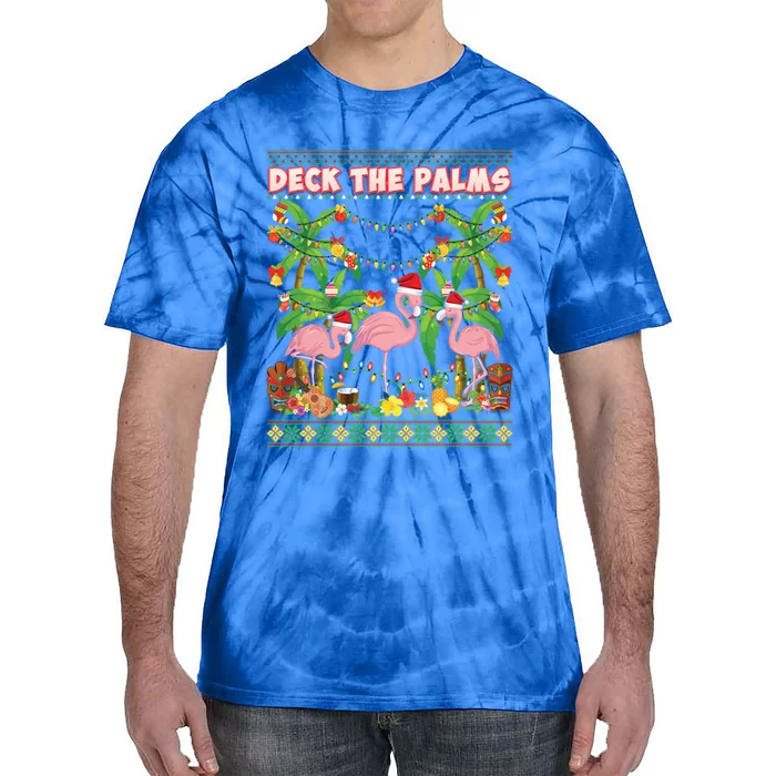 Deck The Palms Merry Flamingo Christmas Ugly Sweater Palm Gift Tie-Dye T-Shirt