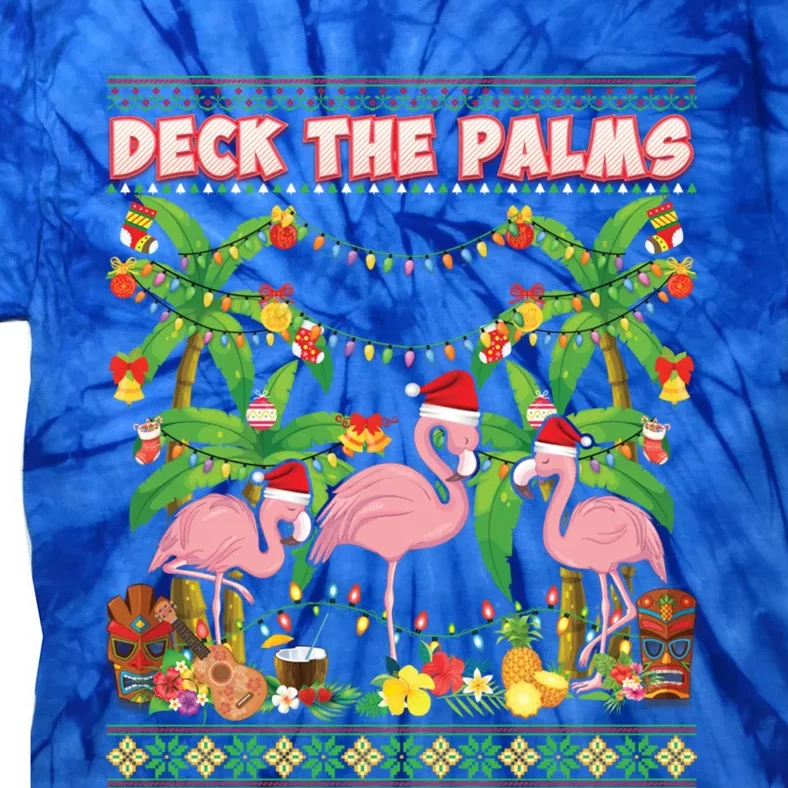 Deck The Palms Merry Flamingo Christmas Ugly Sweater Palm Gift Tie-Dye T-Shirt