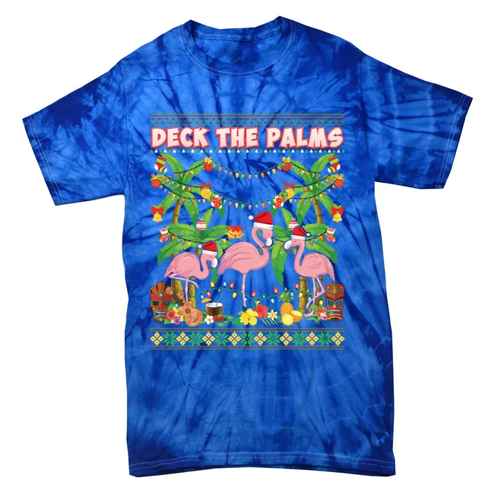 Deck The Palms Merry Flamingo Christmas Ugly Sweater Palm Gift Tie-Dye T-Shirt