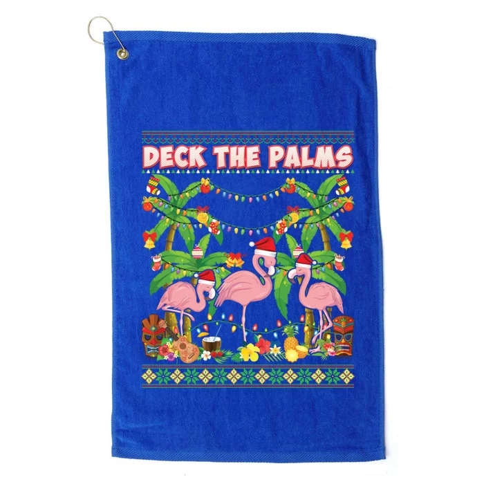 Deck The Palms Merry Flamingo Christmas Ugly Sweater Palm Gift Platinum Collection Golf Towel