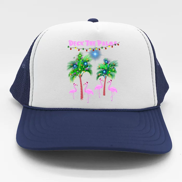 Deck The Palms Tropical Christmas Pink Flamingos Palm Tree Funny Gift Trucker Hat