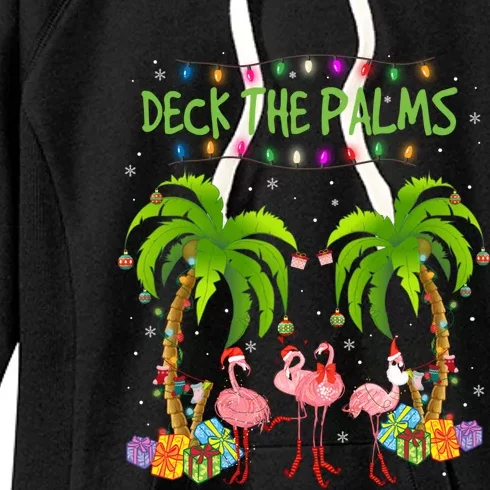 Deck The Palms Tropical Christmas Pink Flamingos Palm Tree Gift Women's Fleece Hoodie