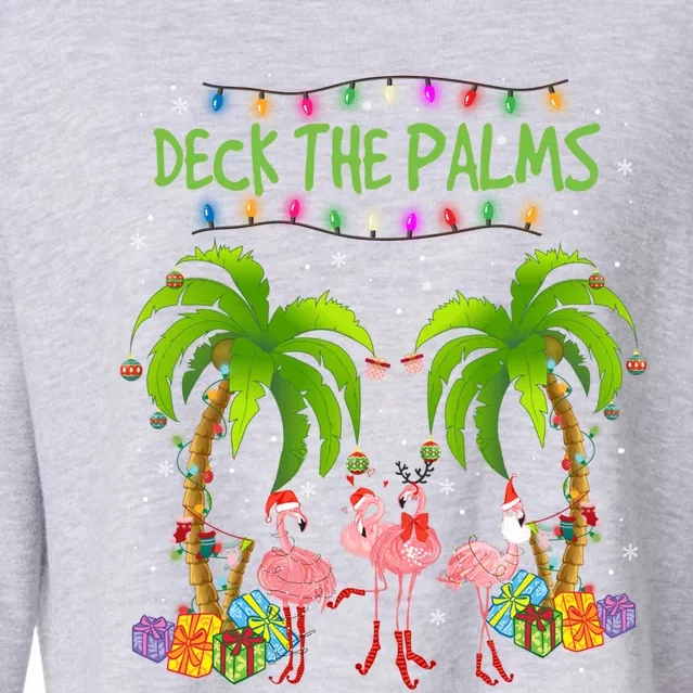 Deck The Palms Tropical Christmas Pink Flamingos Palm Tree Gift Cropped Pullover Crew