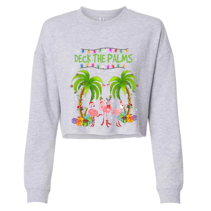 Deck The Palms Tropical Christmas Pink Flamingos Palm Tree Gift Cropped Pullover Crew