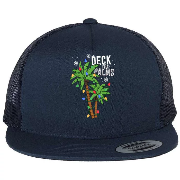 Deck The Palms Tropical Hawaii Christmas Palm Tree Lights Cute Gift Flat Bill Trucker Hat