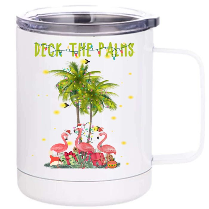 Deck The Palms Hawaiian Christmas Lights Palm Flamingo Cute Gift Front & Back 12oz Stainless Steel Tumbler Cup