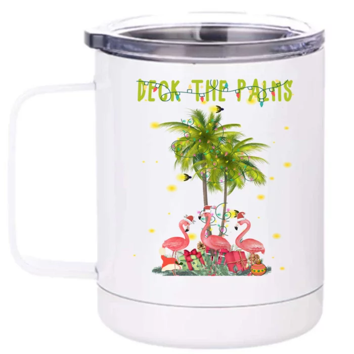 Deck The Palms Hawaiian Christmas Lights Palm Flamingo Cute Gift Front & Back 12oz Stainless Steel Tumbler Cup