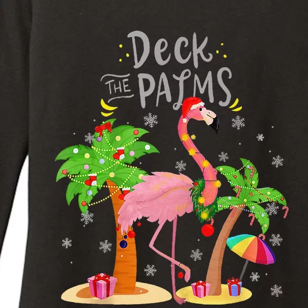 Deck The Palms Tree Light Flamingo Tropical Christmas Womens CVC Long Sleeve Shirt