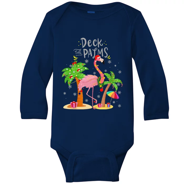 Deck The Palms Tree Light Flamingo Tropical Christmas Baby Long Sleeve Bodysuit