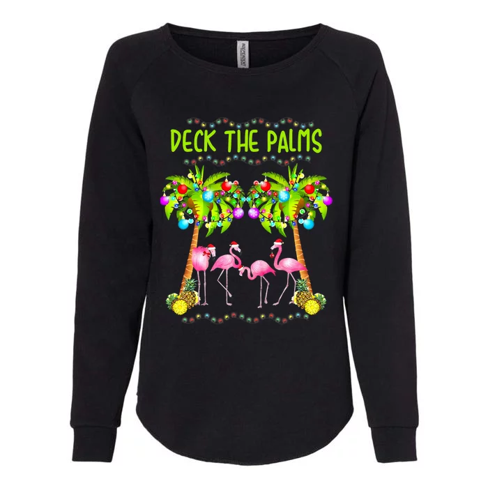 Deck The Palms Merry Flamingo Christmas Palm Tree Funny Xmas Gift Womens California Wash Sweatshirt