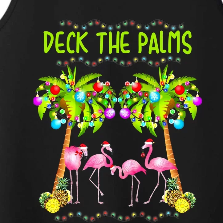 Deck The Palms Merry Flamingo Christmas Palm Tree Funny Xmas Gift Performance Tank