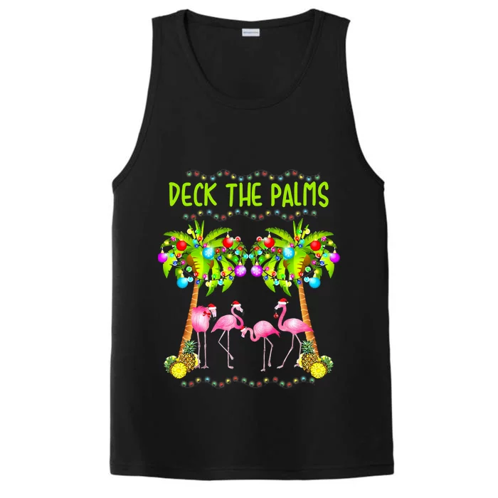 Deck The Palms Merry Flamingo Christmas Palm Tree Funny Xmas Gift Performance Tank