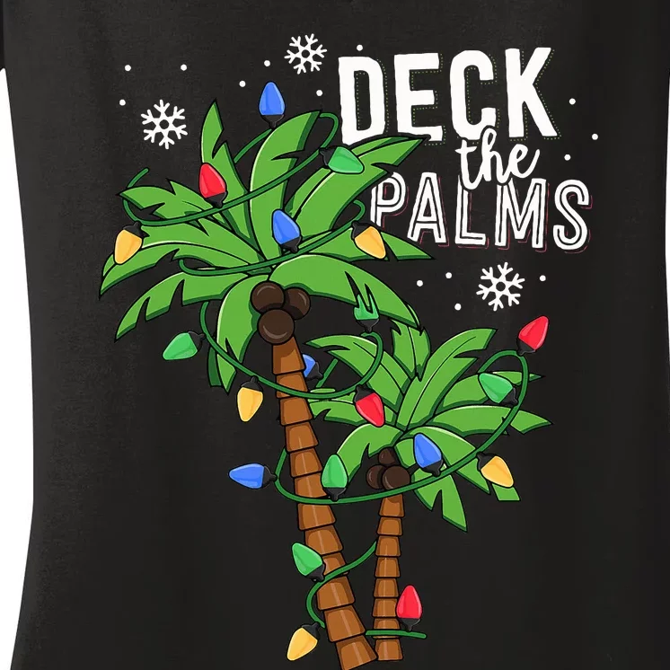 Deck The Palms Tropical Hawaii Christmas Palm Tree Lights Women's V-Neck T-Shirt