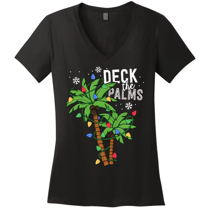 Deck The Palms Tropical Hawaii Christmas Palm Tree Lights Women's V-Neck T-Shirt