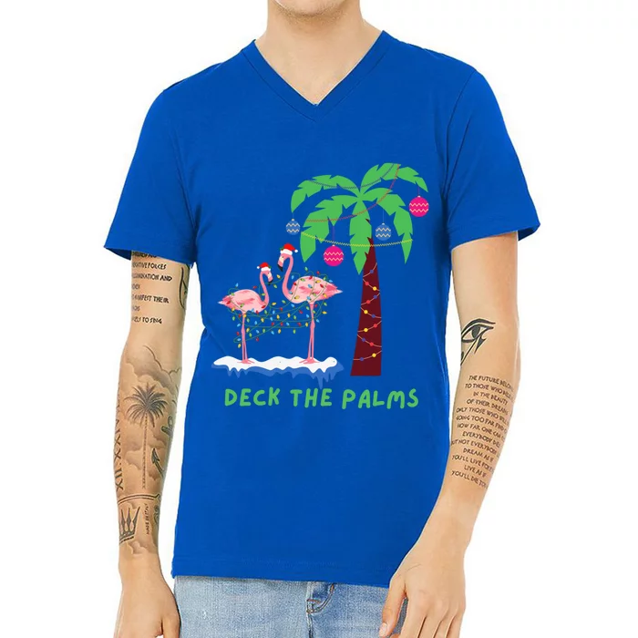 Deck The Palms Christmas Flamingos Cool Gift V-Neck T-Shirt