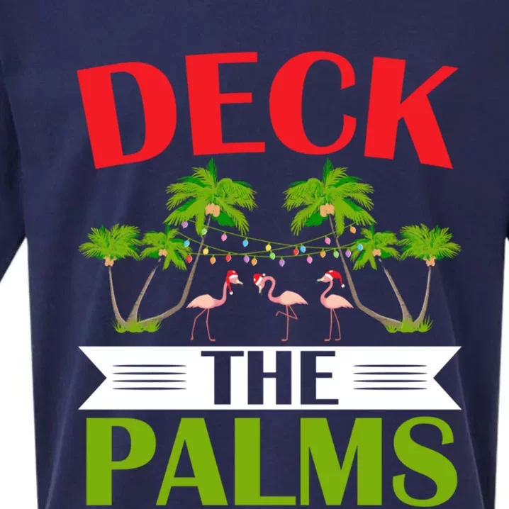 Deck The Palms Flamingo Lover Merry Xmas Christmas Day Gift Sueded Cloud Jersey T-Shirt