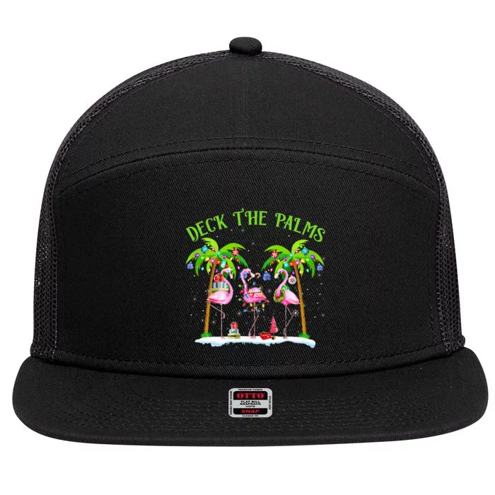 Deck the Palms Flamingo Tropical Christmas Lights Palm Tree 7 Panel Mesh Trucker Snapback Hat