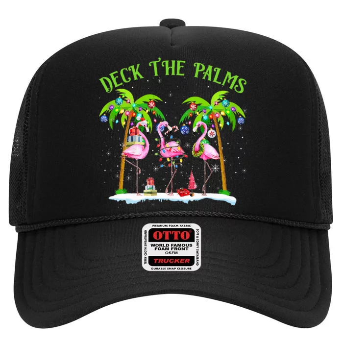 Deck the Palms Flamingo Tropical Christmas Lights Palm Tree High Crown Mesh Trucker Hat