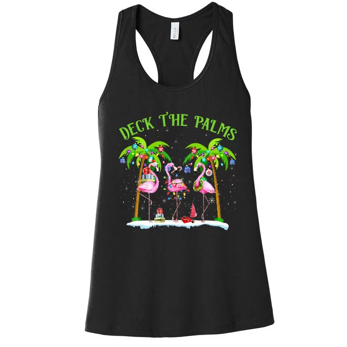 Deck the Palms Flamingo Tropical Christmas Lights Palm Tree Women's Racerback Tank