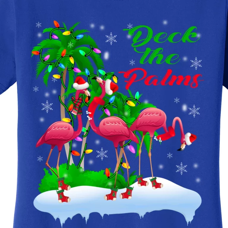 Deck The Palms Merry Christmas Lights Flamingo Santa Hat Cute Gift Women's T-Shirt