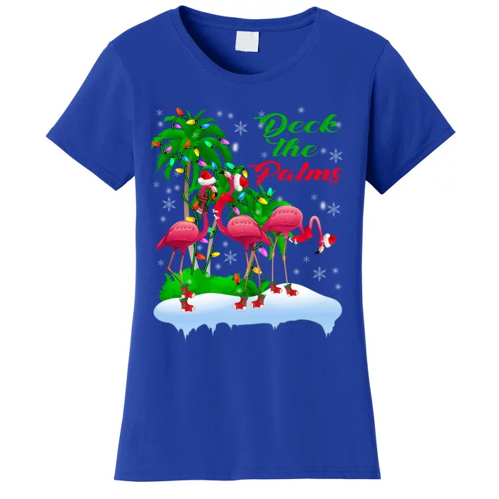 Deck The Palms Merry Christmas Lights Flamingo Santa Hat Cute Gift Women's T-Shirt