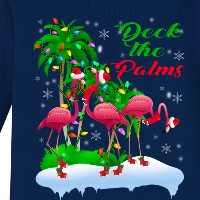 Deck The Palms Merry Christmas Lights Flamingo Santa Hat Cute Gift Baby Long Sleeve Bodysuit