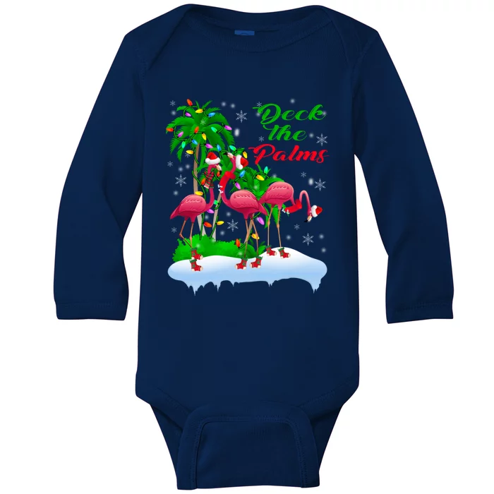 Deck The Palms Merry Christmas Lights Flamingo Santa Hat Cute Gift Baby Long Sleeve Bodysuit