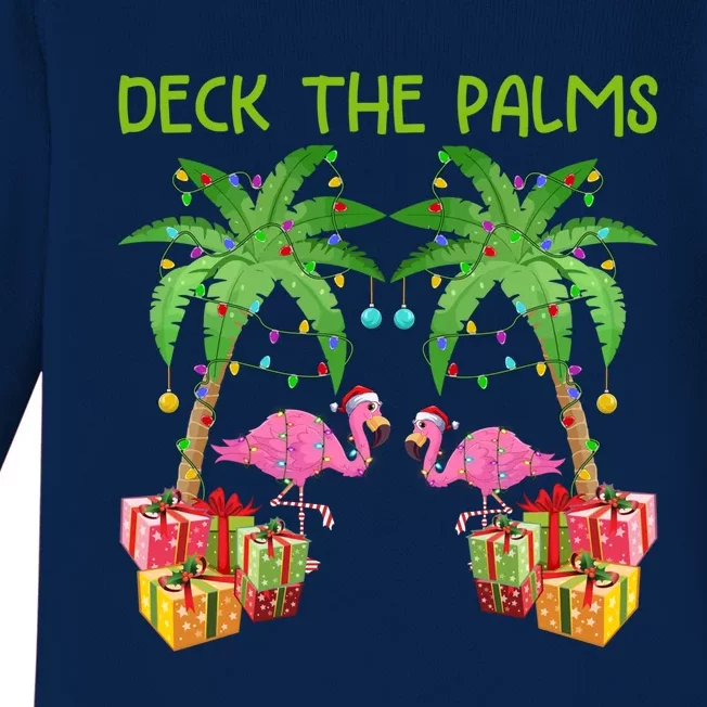 Deck The Palms Tropical Funny Flamingo Xmas Tree Lights Gift Baby Long Sleeve Bodysuit