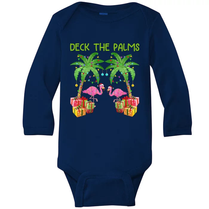 Deck The Palms Tropical Funny Flamingo Xmas Tree Lights Gift Baby Long Sleeve Bodysuit