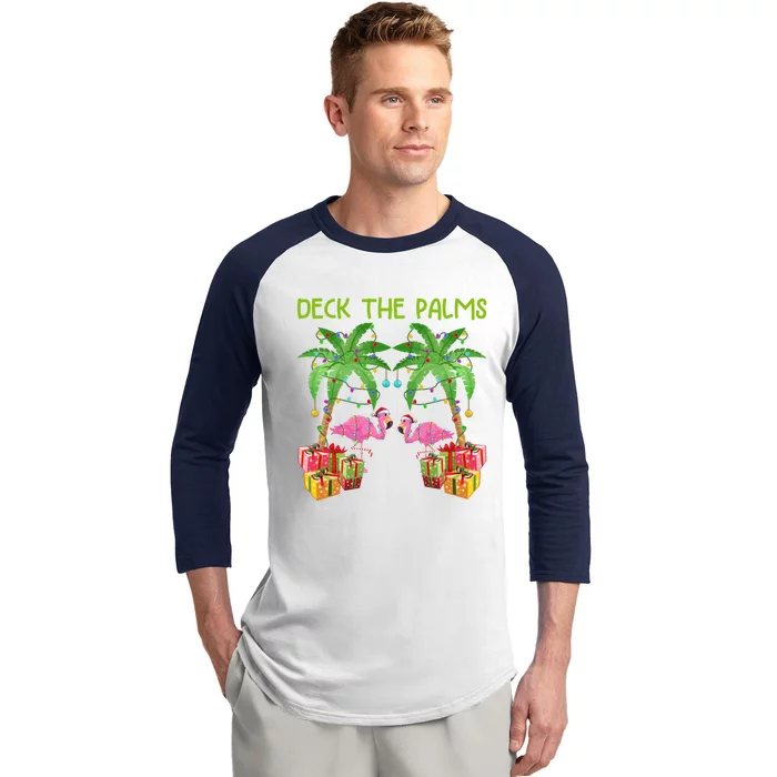 Deck The Palms Tropical Funny Flamingo Xmas Tree Lights Gift Baseball Sleeve Shirt