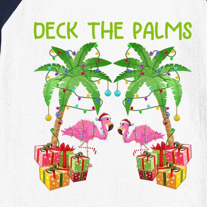 Deck The Palms Tropical Funny Flamingo Xmas Tree Lights Gift Baseball Sleeve Shirt