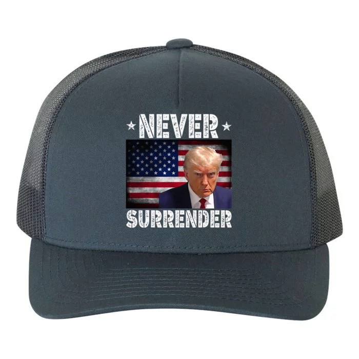 Donald Trump President Mugshot Never Surrender USA Flag Yupoong Adult 5-Panel Trucker Hat