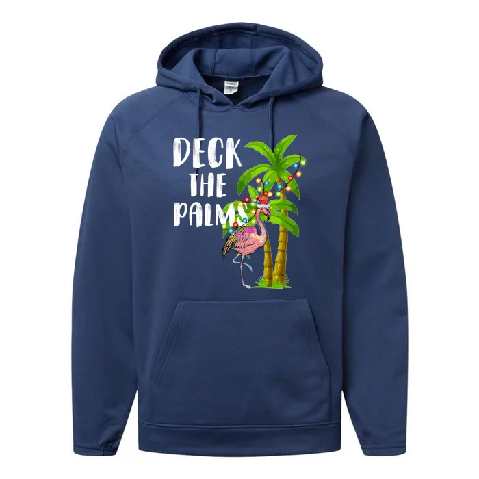 Deck The Palms Tropical Christmas Pink Flamingos Palm Tree Gift Performance Fleece Hoodie