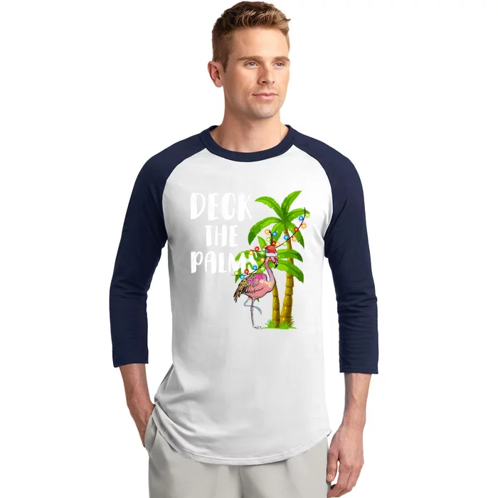 Deck The Palms Tropical Christmas Pink Flamingos Palm Tree Gift Baseball Sleeve Shirt