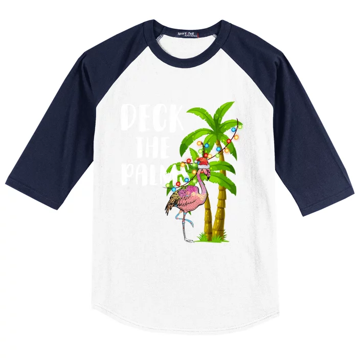 Deck The Palms Tropical Christmas Pink Flamingos Palm Tree Gift Baseball Sleeve Shirt