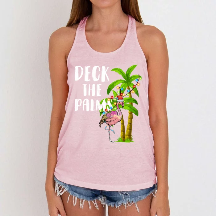 Deck The Palms Tropical Christmas Pink Flamingos Palm Tree Gift Women's Knotted Racerback Tank