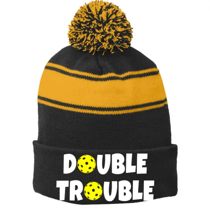 Double Trouble Pickleball Team Funny Stripe Pom Pom Beanie