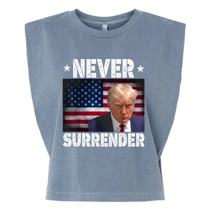 Donald Trump President Mugshot Never Surrender USA Flag Garment-Dyed Women's Muscle Tee