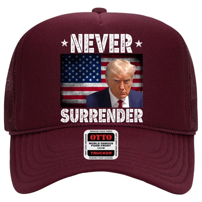 Donald Trump President Mugshot Never Surrender USA Flag High Crown Mesh Trucker Hat