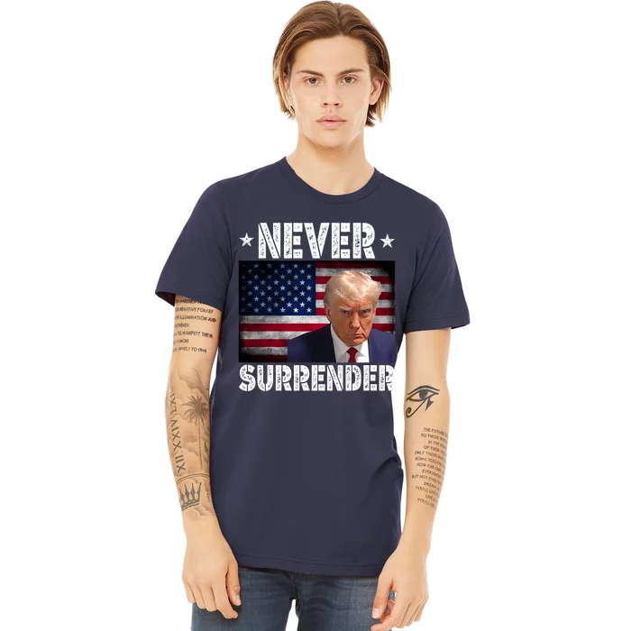 Donald Trump President Mugshot Never Surrender USA Flag Premium T-Shirt