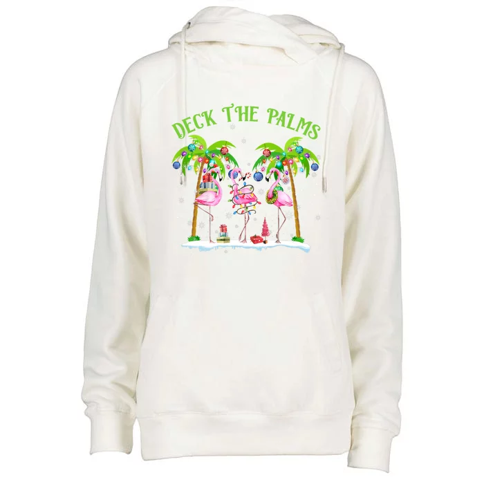 Deck The Palms Flamingo Tropical Christmas Lights Palm Tree Gift Womens Funnel Neck Pullover Hood