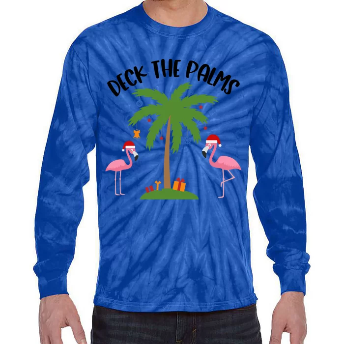 Deck The Palms Funny Christmas Palm Tree Flamingo Gift Tie-Dye Long Sleeve Shirt