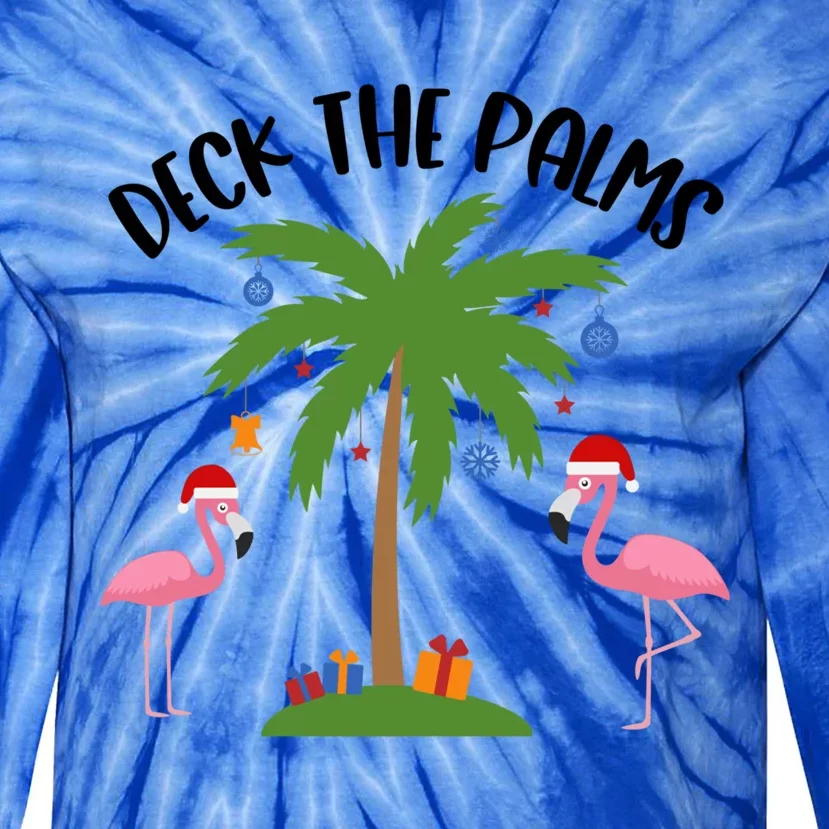 Deck The Palms Funny Christmas Palm Tree Flamingo Gift Tie-Dye Long Sleeve Shirt