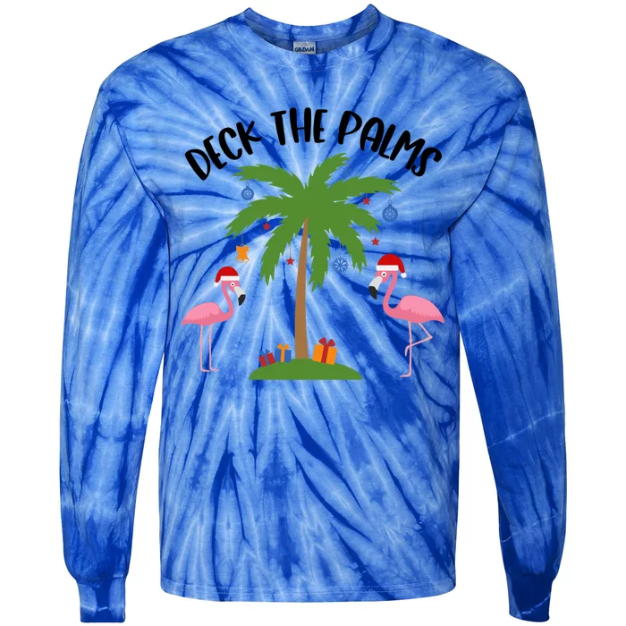 Deck The Palms Funny Christmas Palm Tree Flamingo Gift Tie-Dye Long Sleeve Shirt