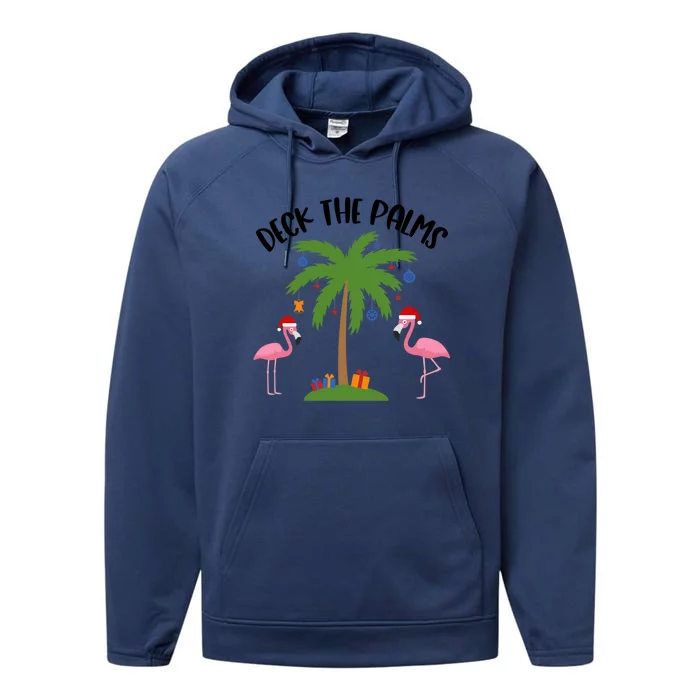 Deck The Palms Funny Christmas Palm Tree Flamingo Gift Performance Fleece Hoodie