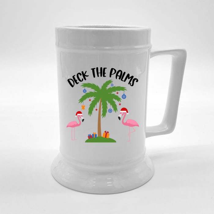 Deck The Palms Funny Christmas Palm Tree Flamingo Gift Front & Back Beer Stein