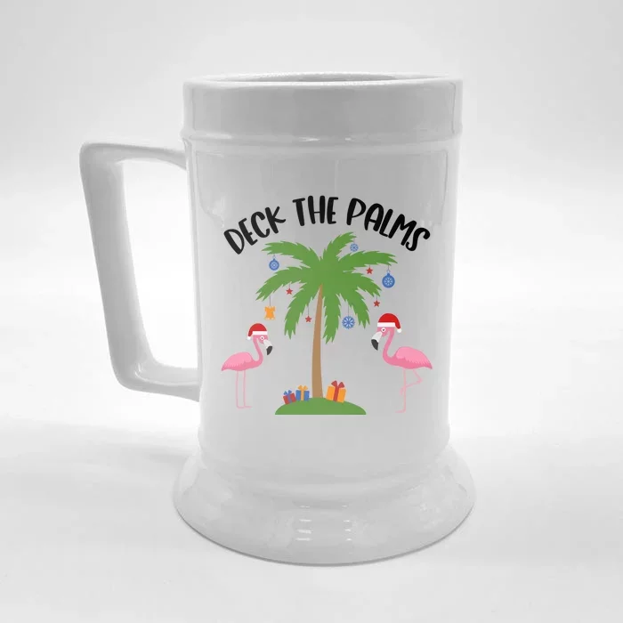 Deck The Palms Funny Christmas Palm Tree Flamingo Gift Front & Back Beer Stein