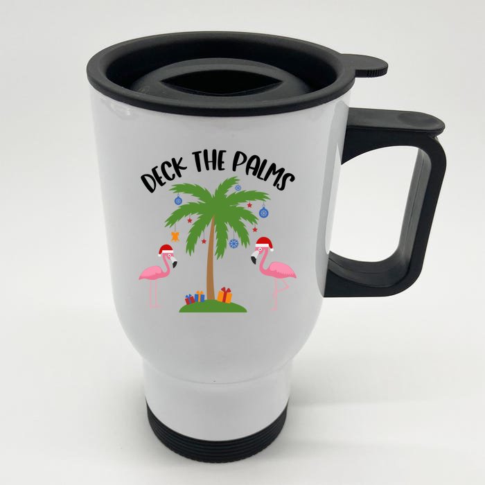 Deck The Palms Funny Christmas Palm Tree Flamingo Gift Front & Back Stainless Steel Travel Mug